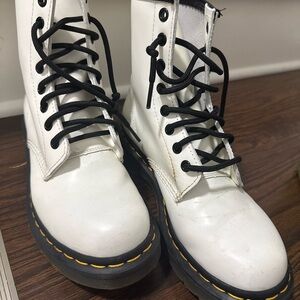 Dr. Martens White and Black Moto Boots with Lace-Up Design